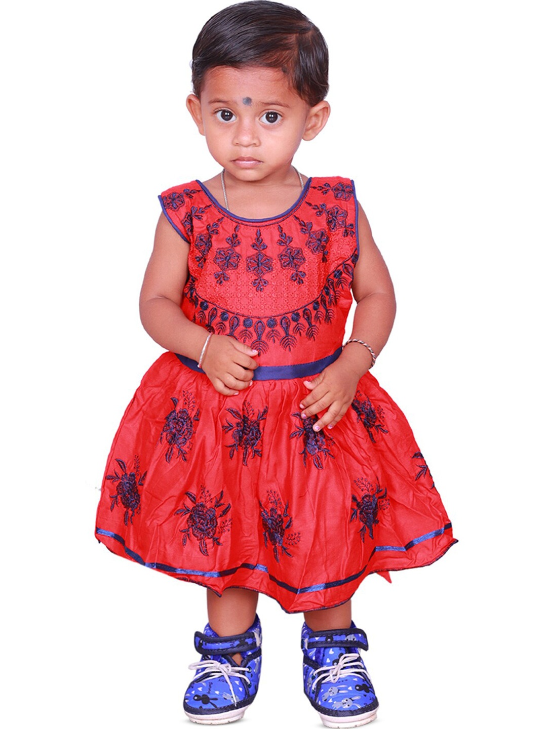 

BAESD Ethnic Motifs Embroidered Cotton Fit & Flare Dress, Red