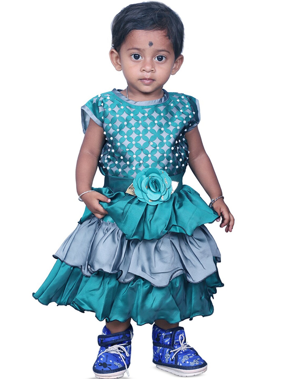 

BAESD Girls Self Design Cotton Fit & Flare Dress, Turquoise blue
