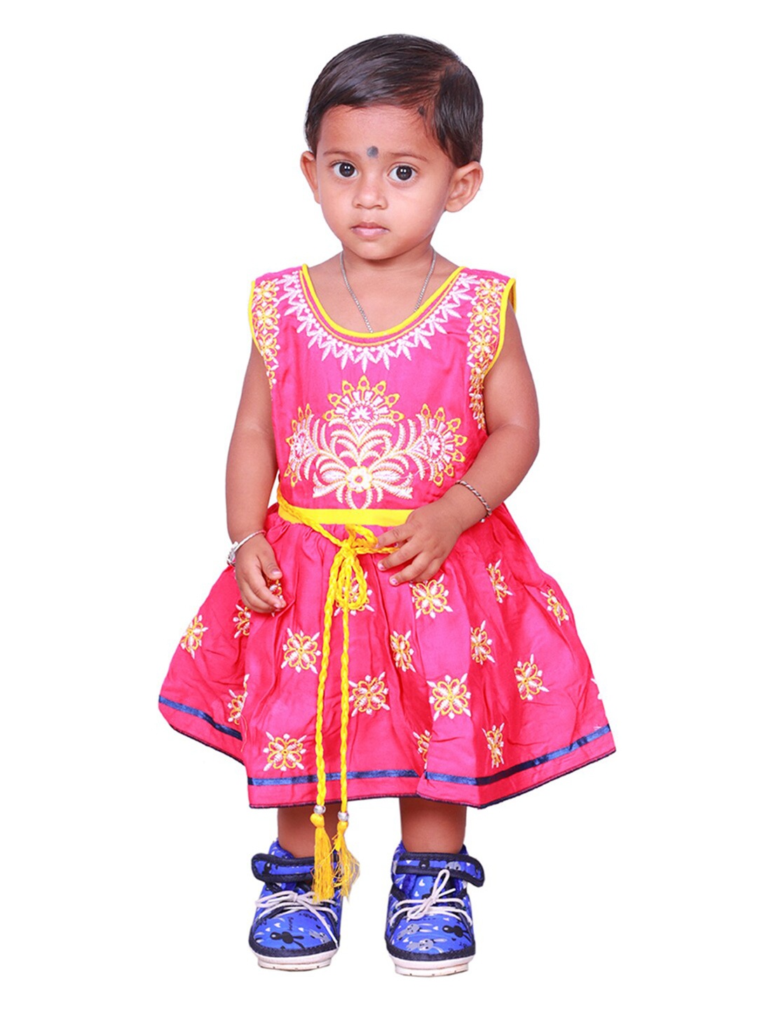 

BAESD Girls Floral Embroidered Sleeveless Tie-Ups Detail Cotton Fit & Flare Dress, Pink