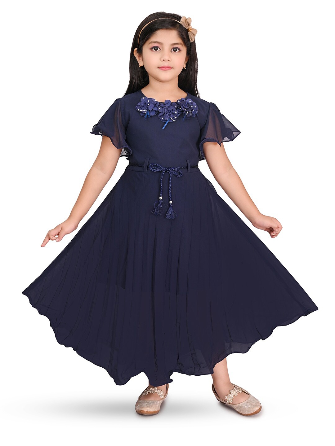 

BAESD Girls Embellished Flared Sleeve Fit & Flare Cotton Maxi Dress, Navy blue