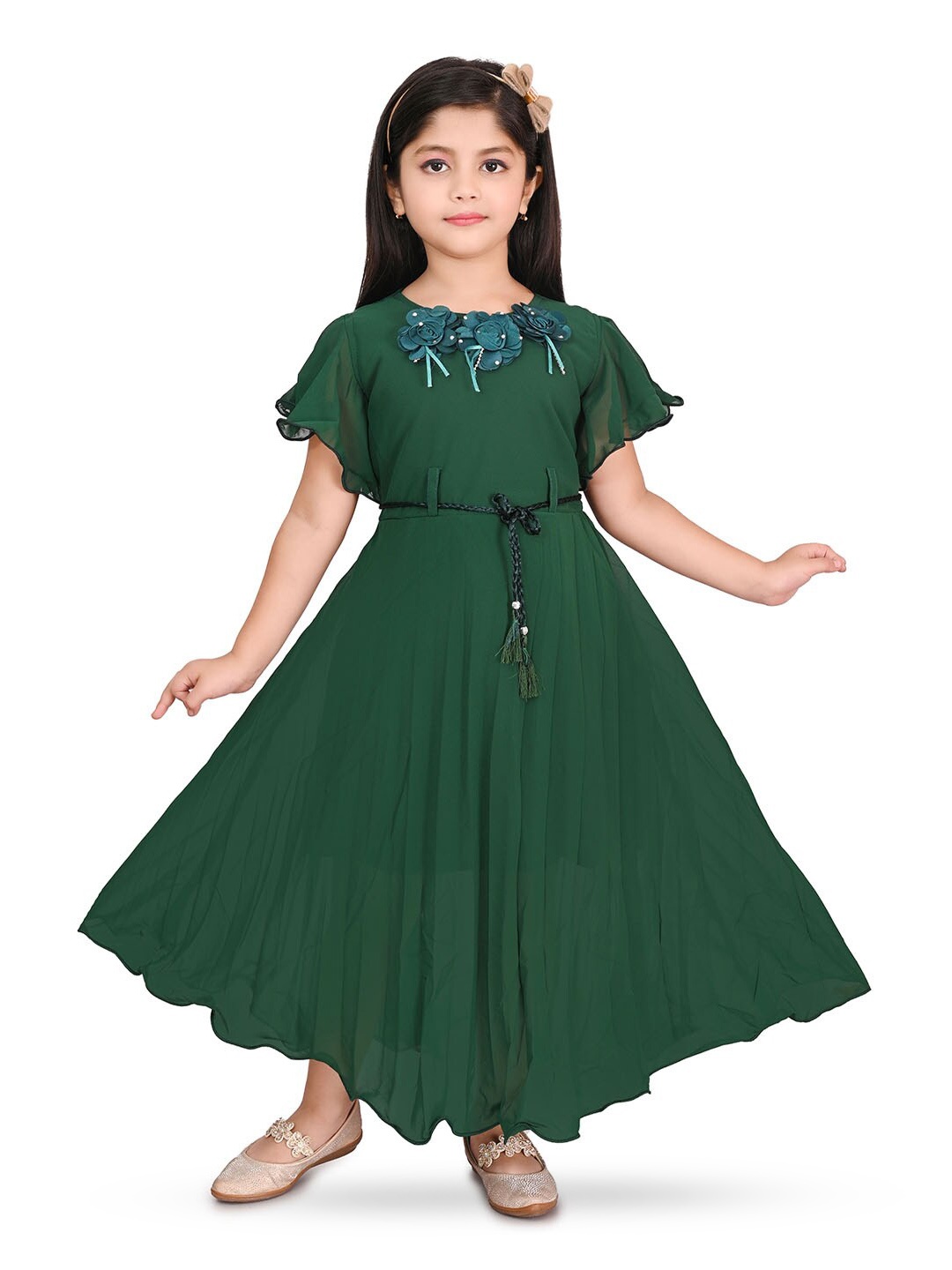 

BAESD Girls Embellished Flared Sleeve Fit & Flare Cotton Maxi Dress, Green