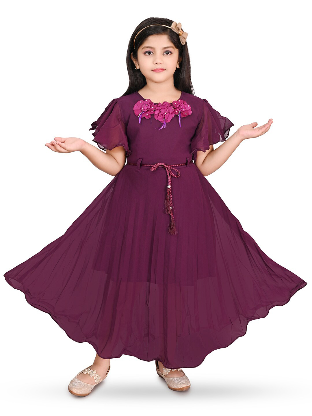 

BAESD Girls Embellished Flutter Sleeve Cotton Maxi Dress, Purple