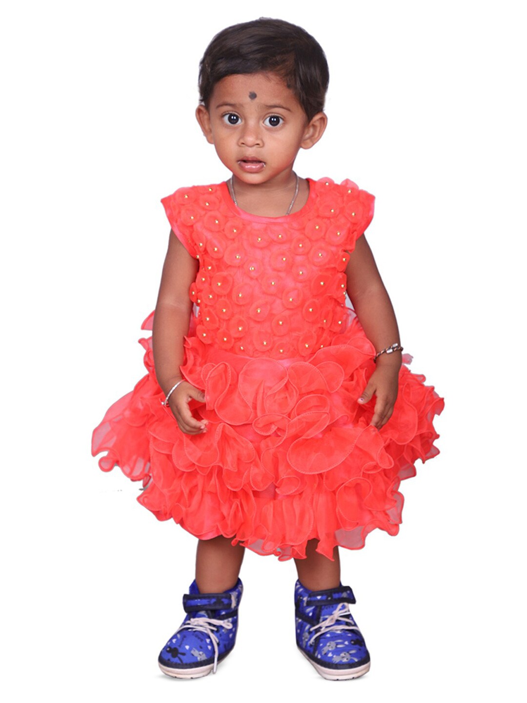 

BAESD Girls Self Designed Round Neck Embellished Cotton Fit & Flare Dress, Red