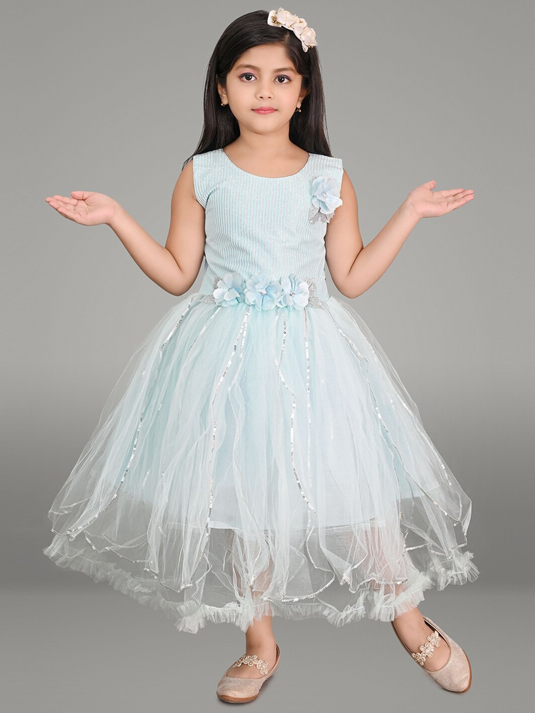

BAESD Girls Round Neck Sequined Cotton Fit & Flare Maxi Dress, Turquoise blue