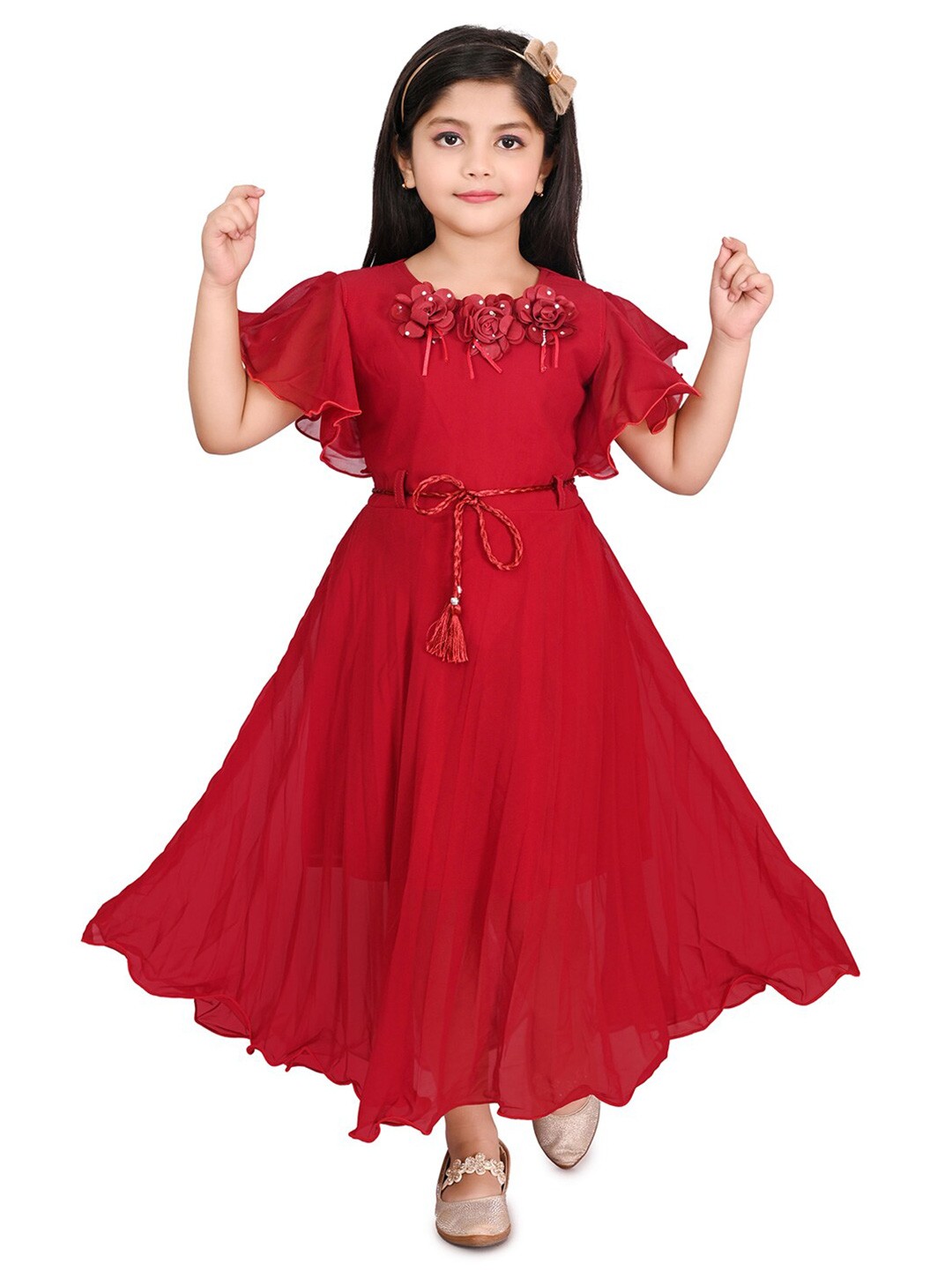 

BAESD Girls Flared Sleeves Corsage Detailed Cotton Maxi Dress, Red