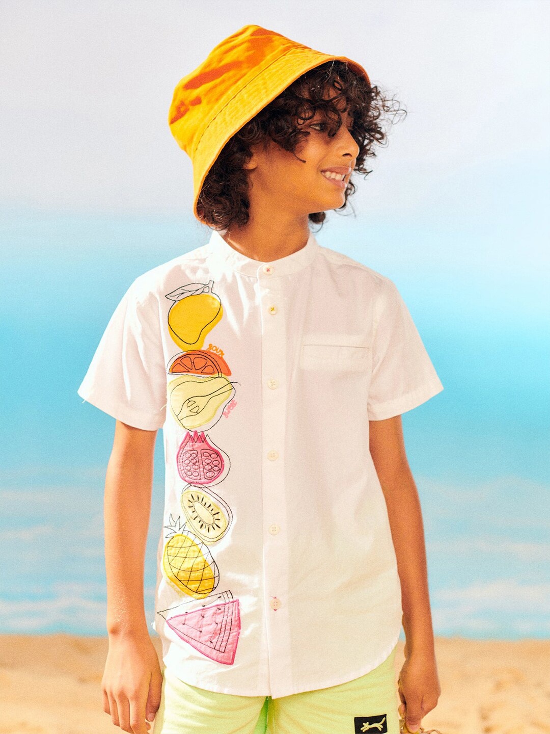 

Somersault Boys Graphic Printed Mandarin Collar Pure Cotton Casual Shirt, White