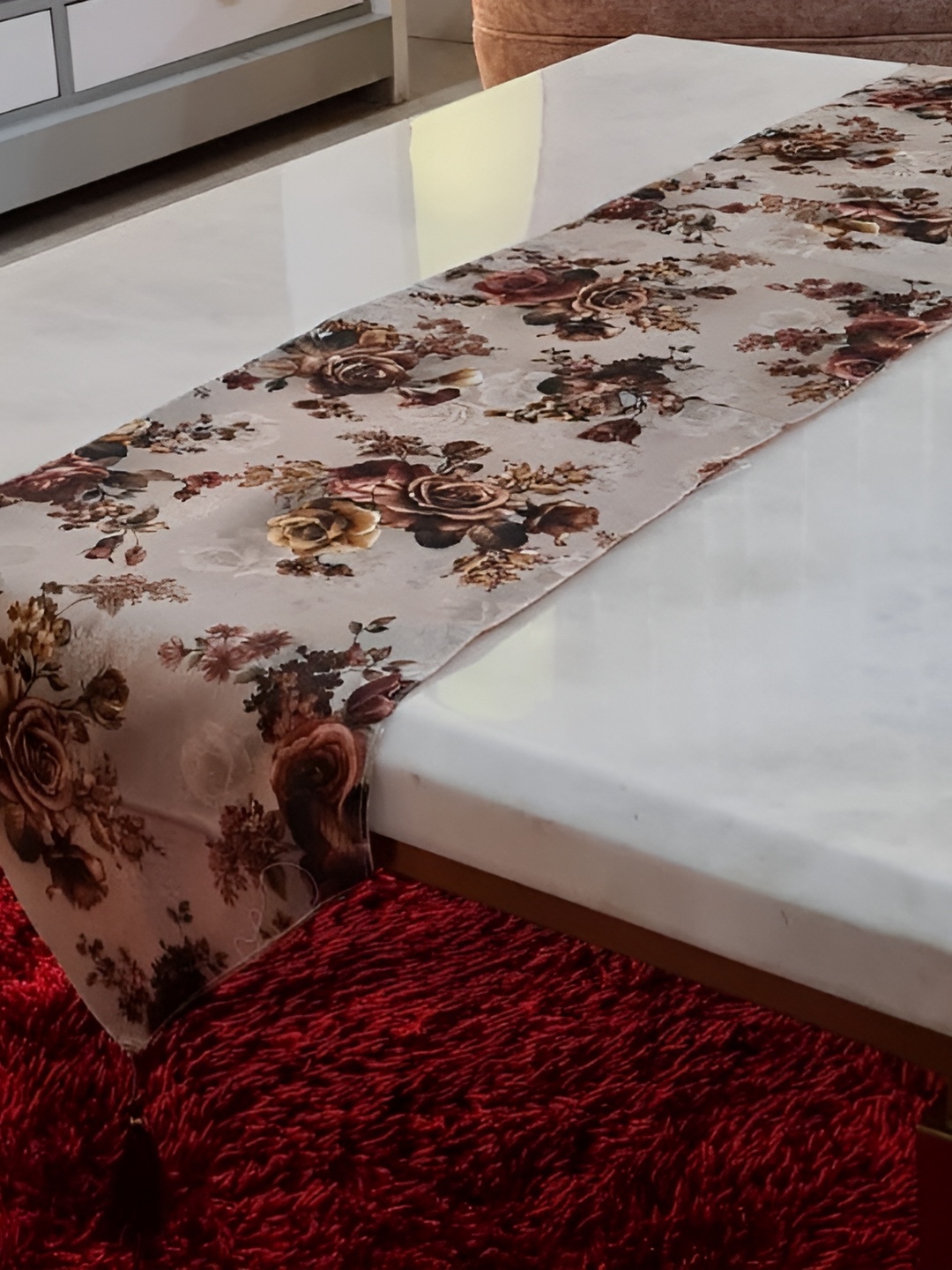 

GROKI Brown & Cream Colored Floral Printed Pure Cotton Table Runner