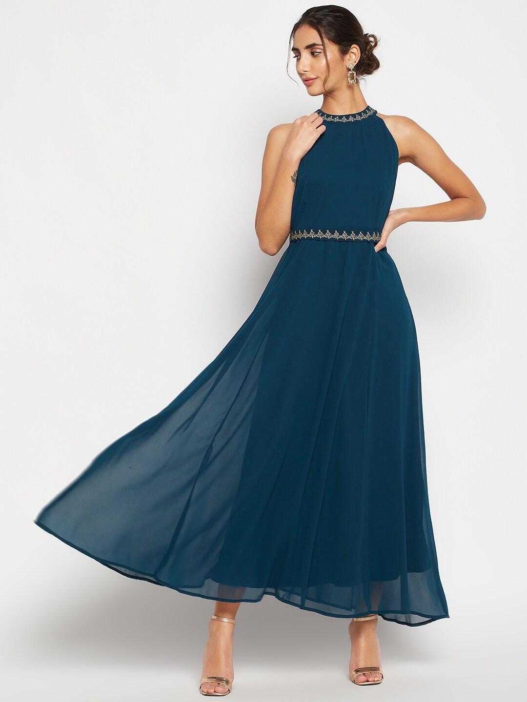 

WineRed High Neck Tie-Ups Georgette A-Line Maxi Dress, Blue