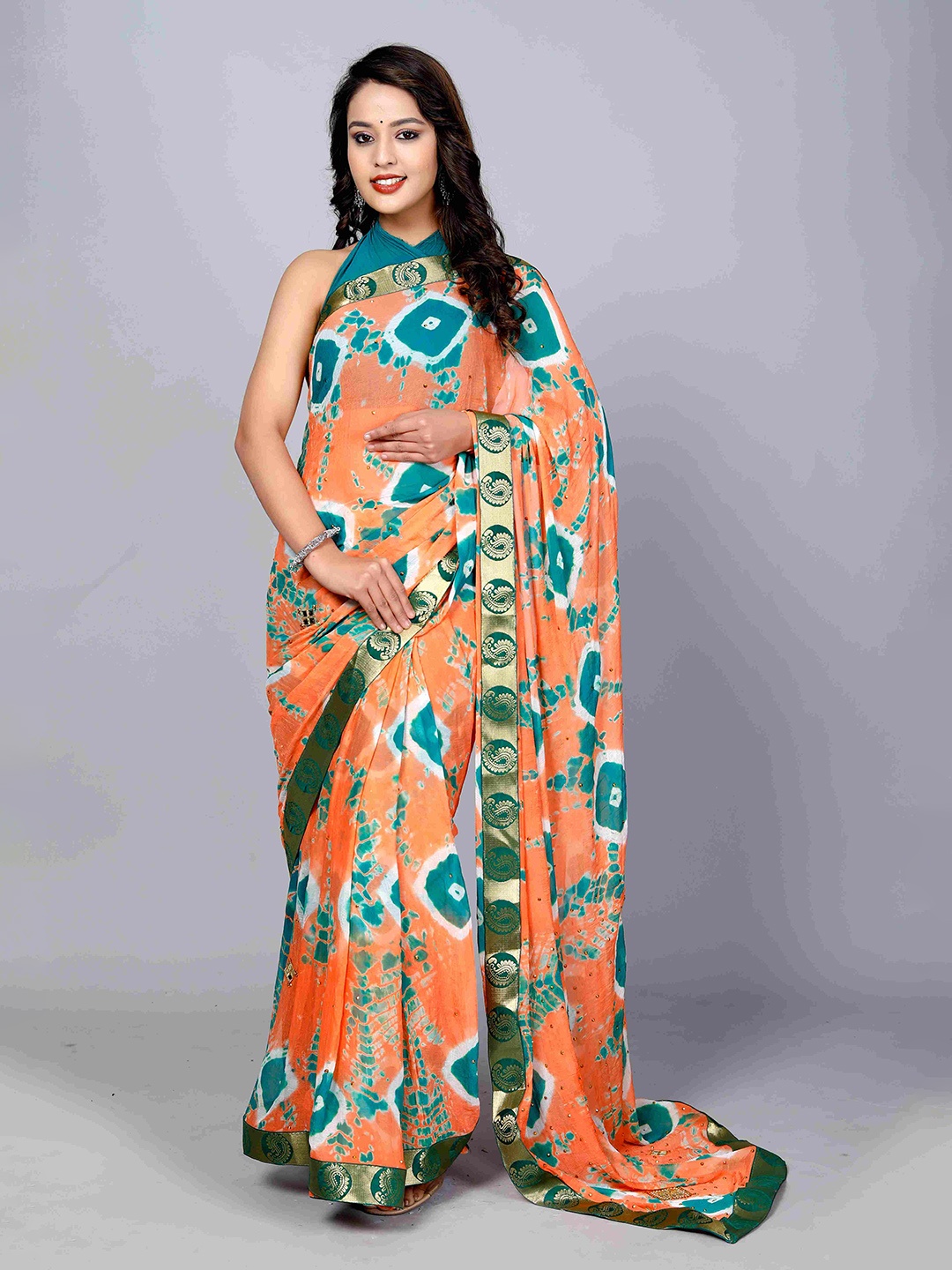 

VL SAREES Bandhani Zari Pure Chiffon Bandhani Saree, Pink