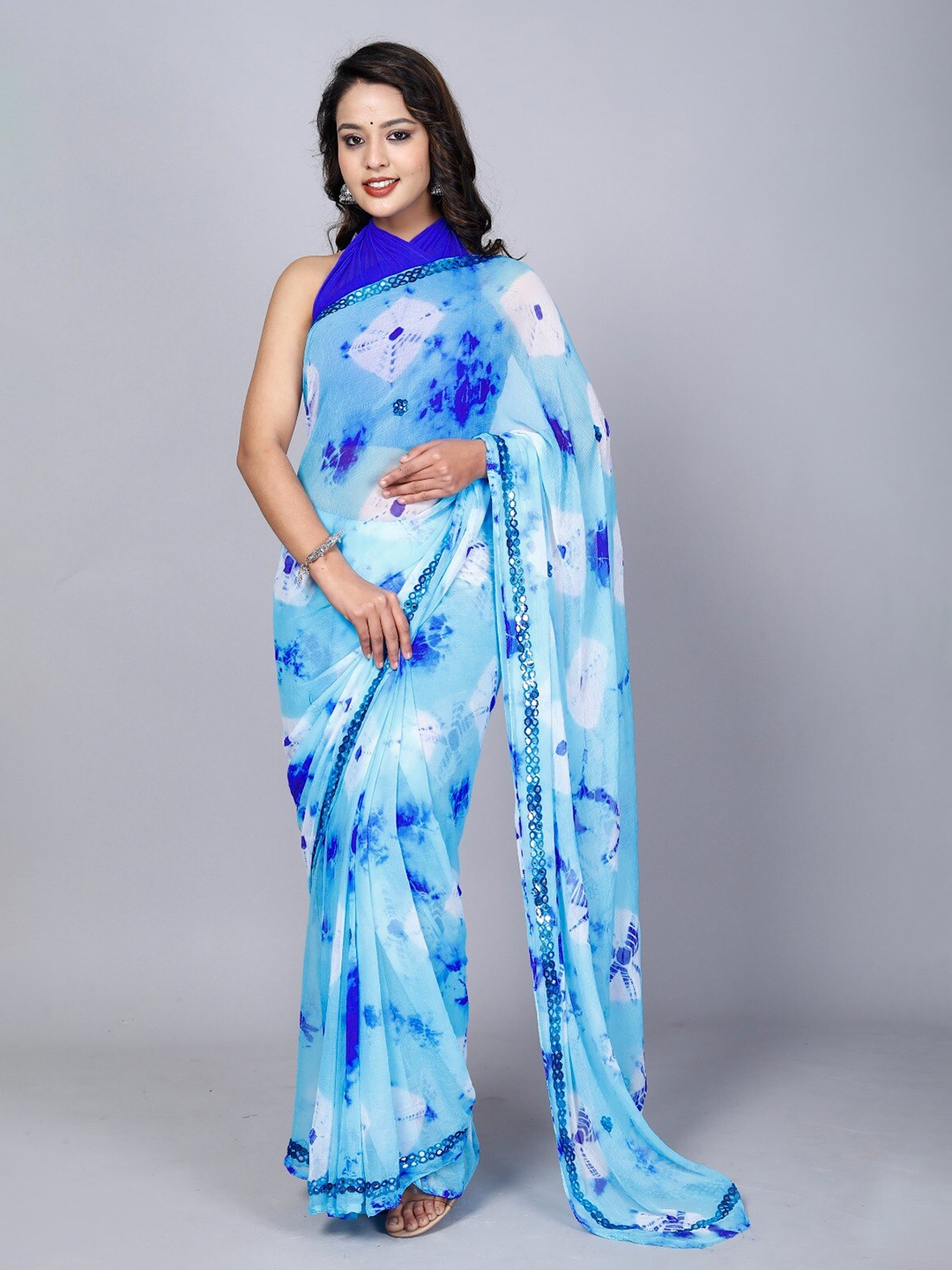 

VL SAREES Bandhani Mirror Work Pure Chiffon Bandhani Saree, Blue