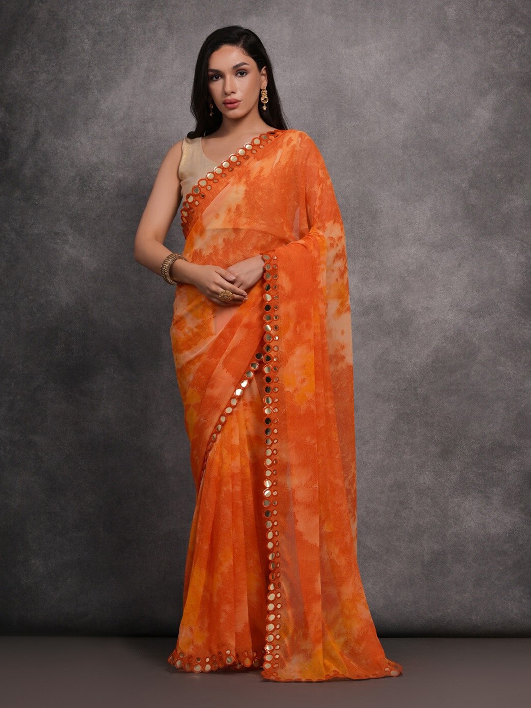 

Mitera Georgette Saree With Mirror Lace Border, Orange