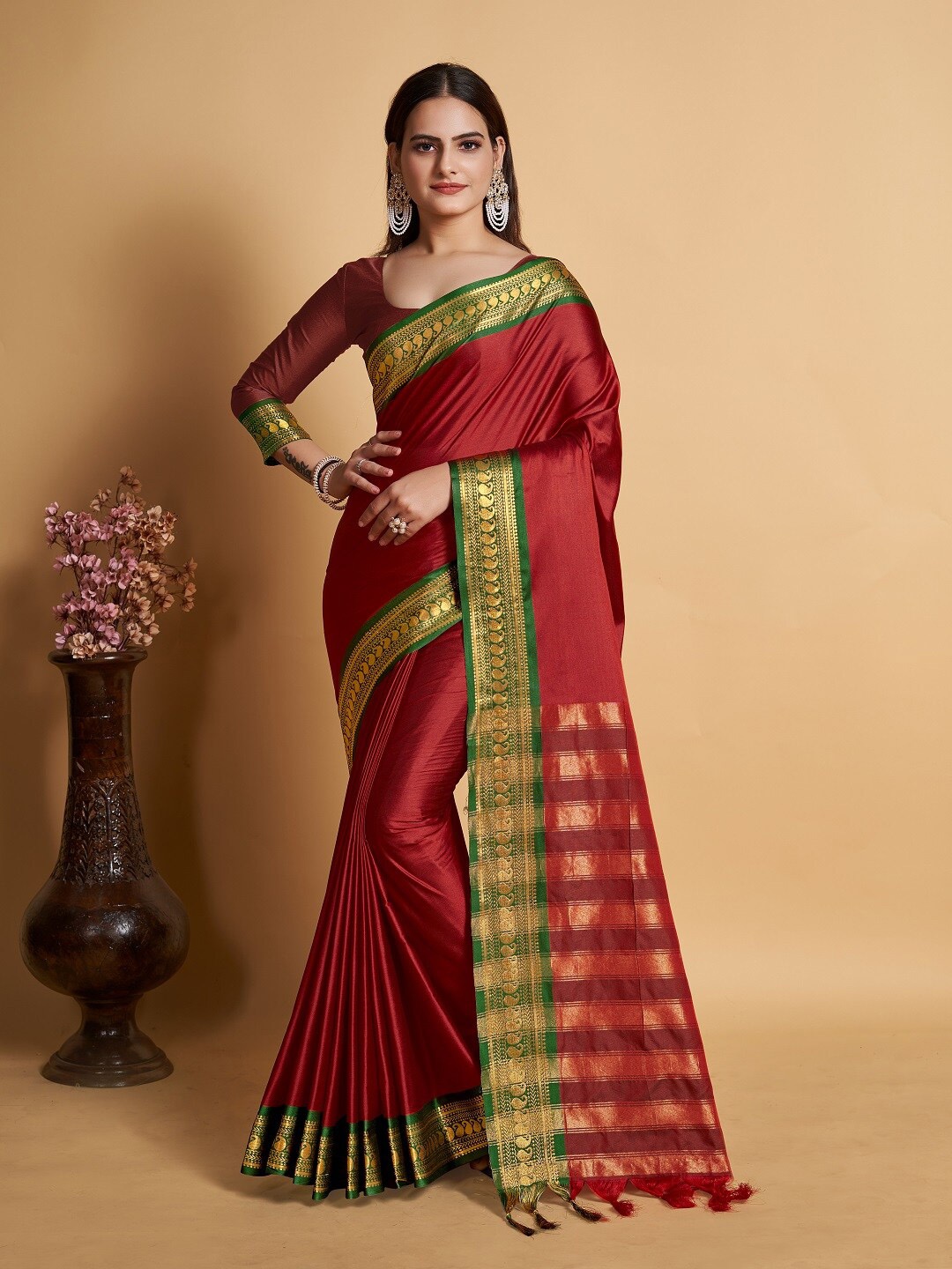 

Mitera Weaving Designer Zari Saree with Tassels, Maroon