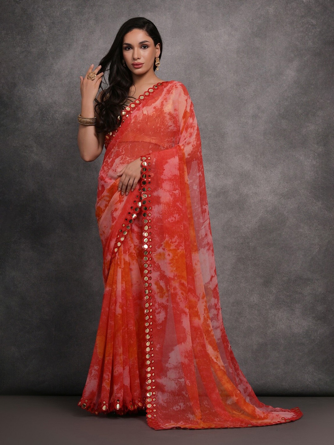 

Mitera Tie and Dye Mirror Work Pure Georgette Saree, Red