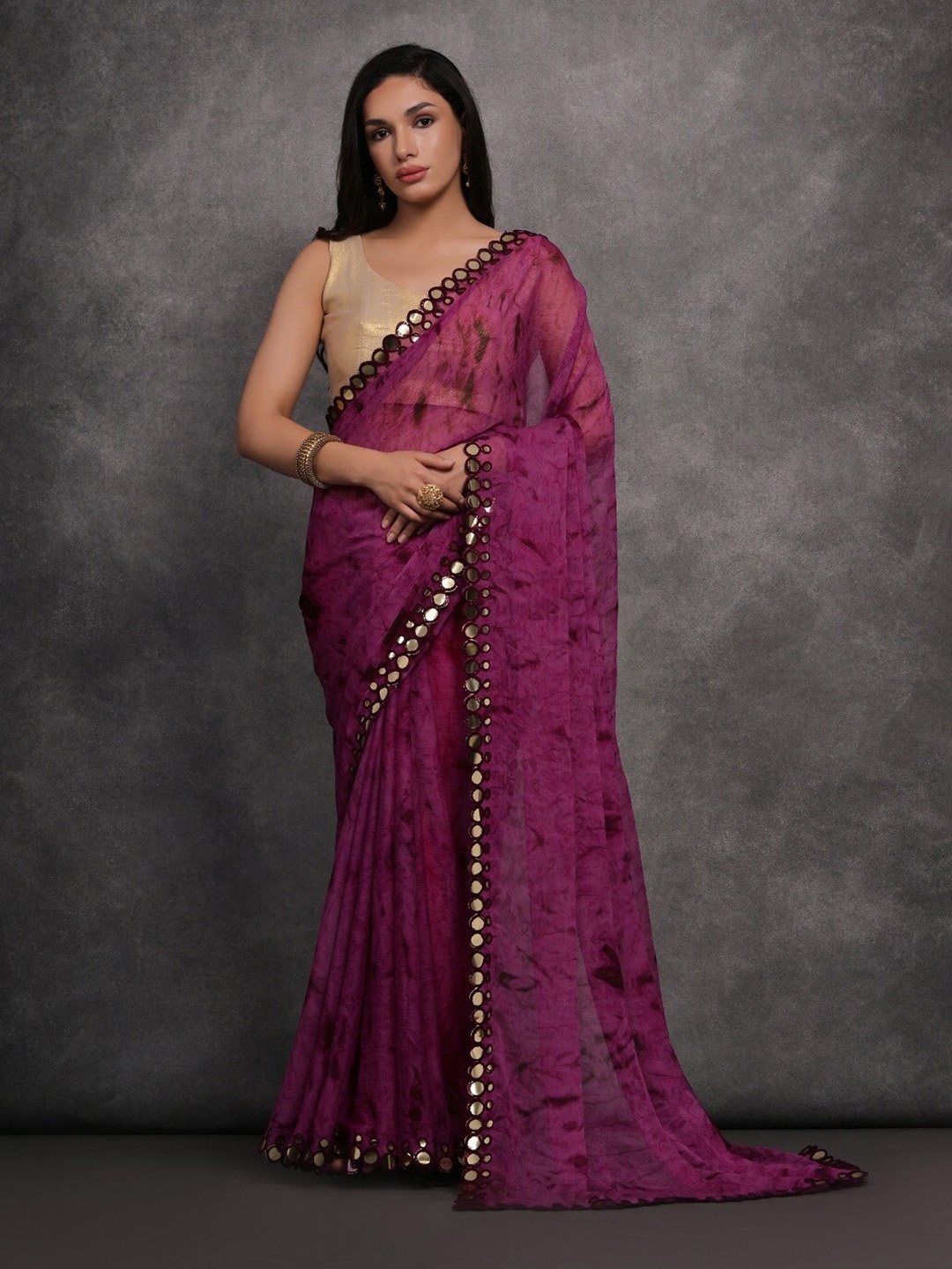 

Mitera Tie and Dye Mirror Work Pure Georgette Saree, Purple