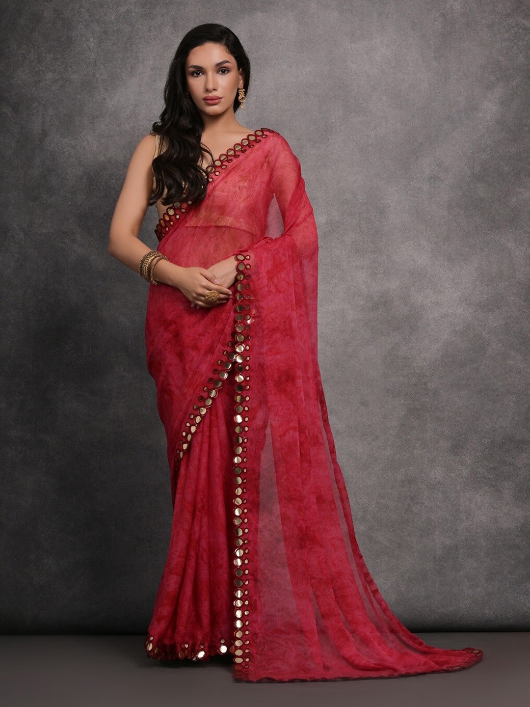 

Mitera Tie and Dye Mirror Work Pure Georgette Designer Saree, Maroon