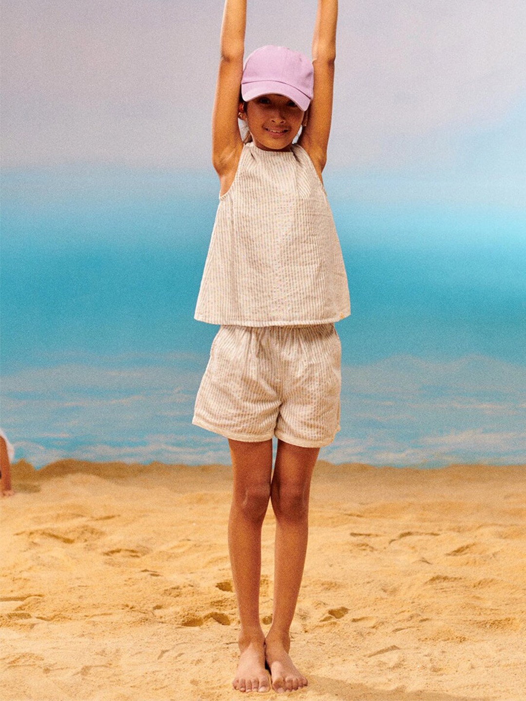 

Somersault Girls Striped Sleeveless Pure Cotton Top With Shorts, Beige