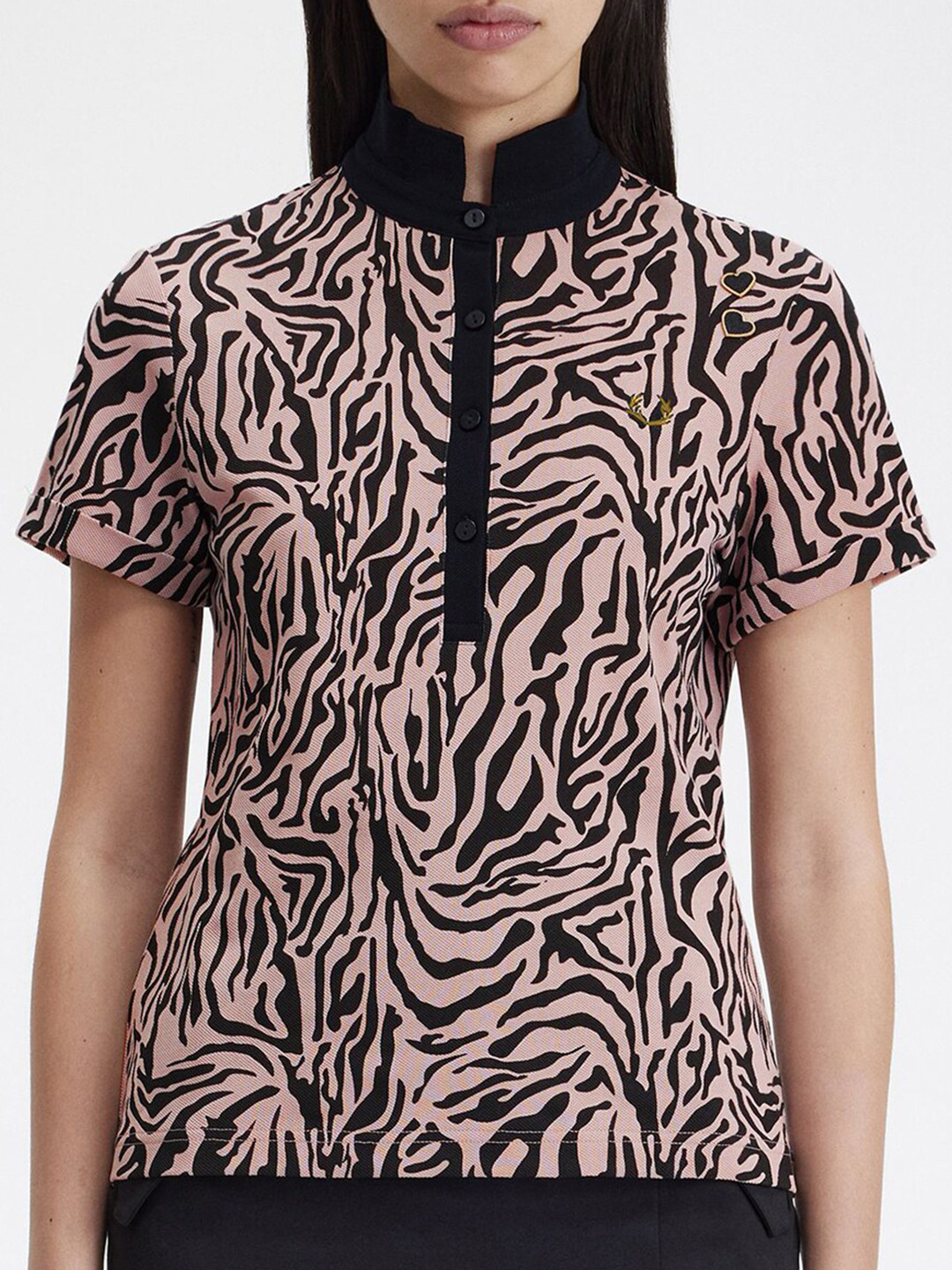 

Fred Perry Abstract Printed Mandarin Collar Cotton T-shirt, Pink