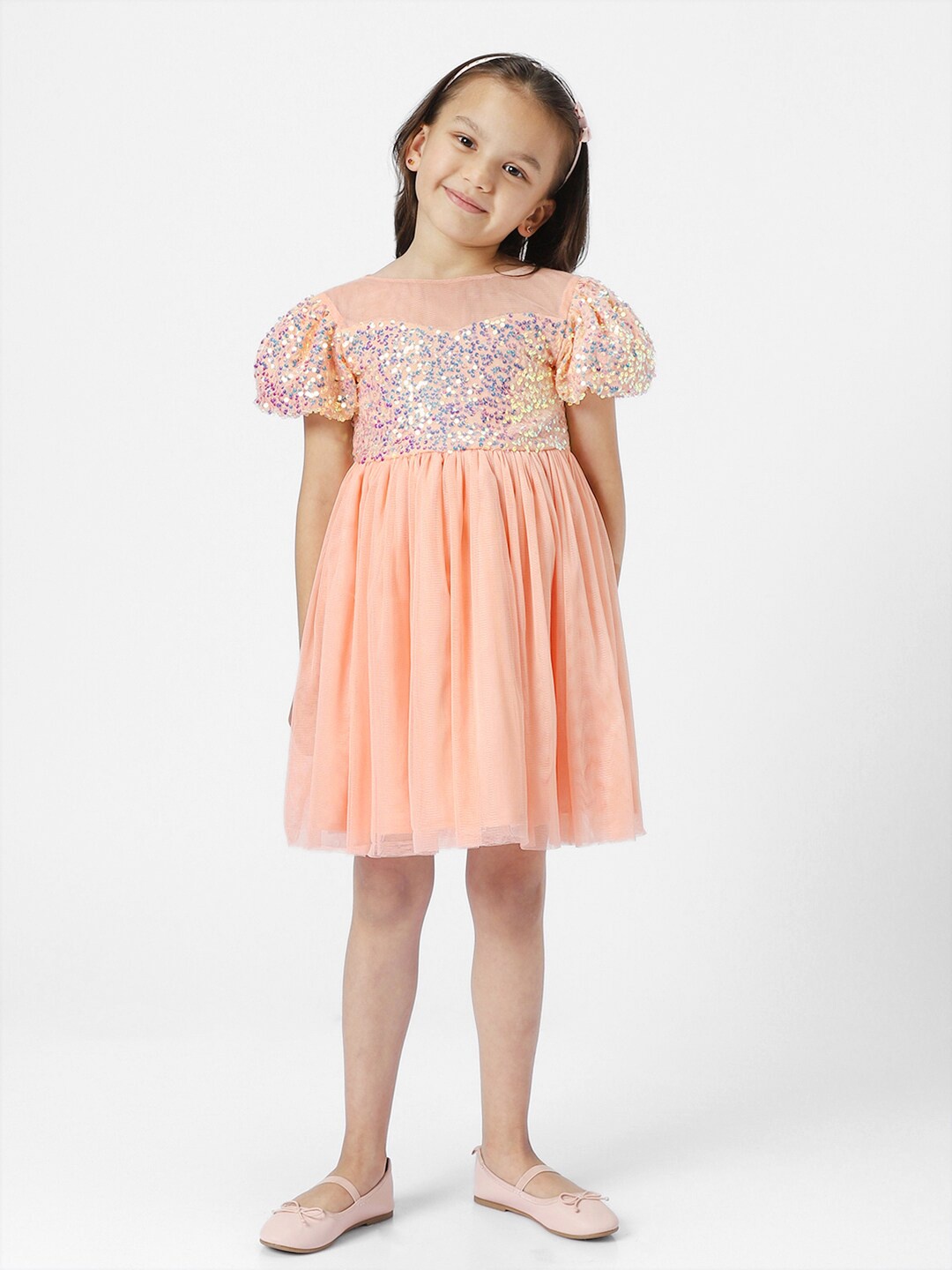 

Nauti Nati Girls Embellished Puff Sleeves Net Fit and Flare Dress, Peach