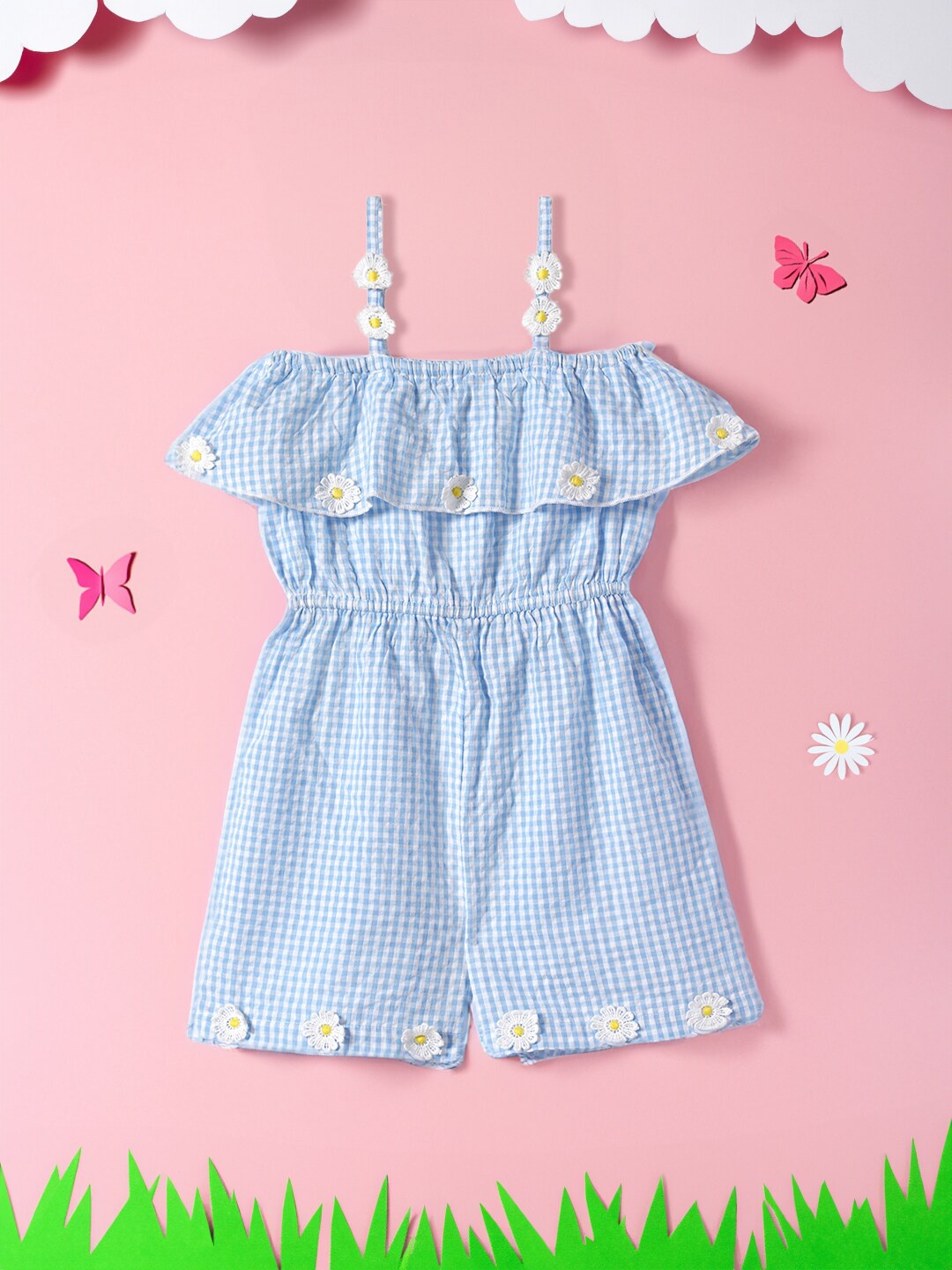 

Nauti Nati Girls Checked Pure Cotton Playsuit, Blue