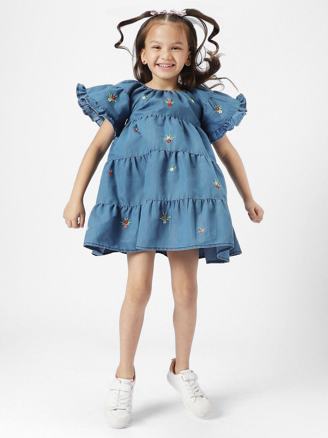 

Nauti Nati Girls Floral Embroidered Gathered Detailed Pure Cotton Tiered A-Line Dress, Blue