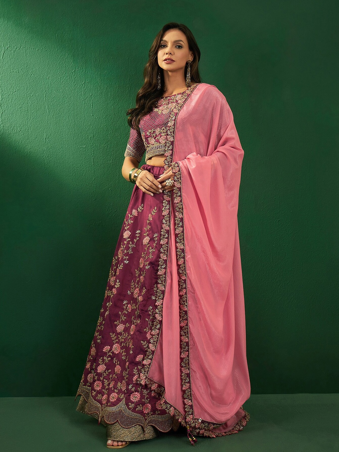 

Sangria Embroidered Semi-Stitched Lehenga & Blouse With Dupatta, Magenta