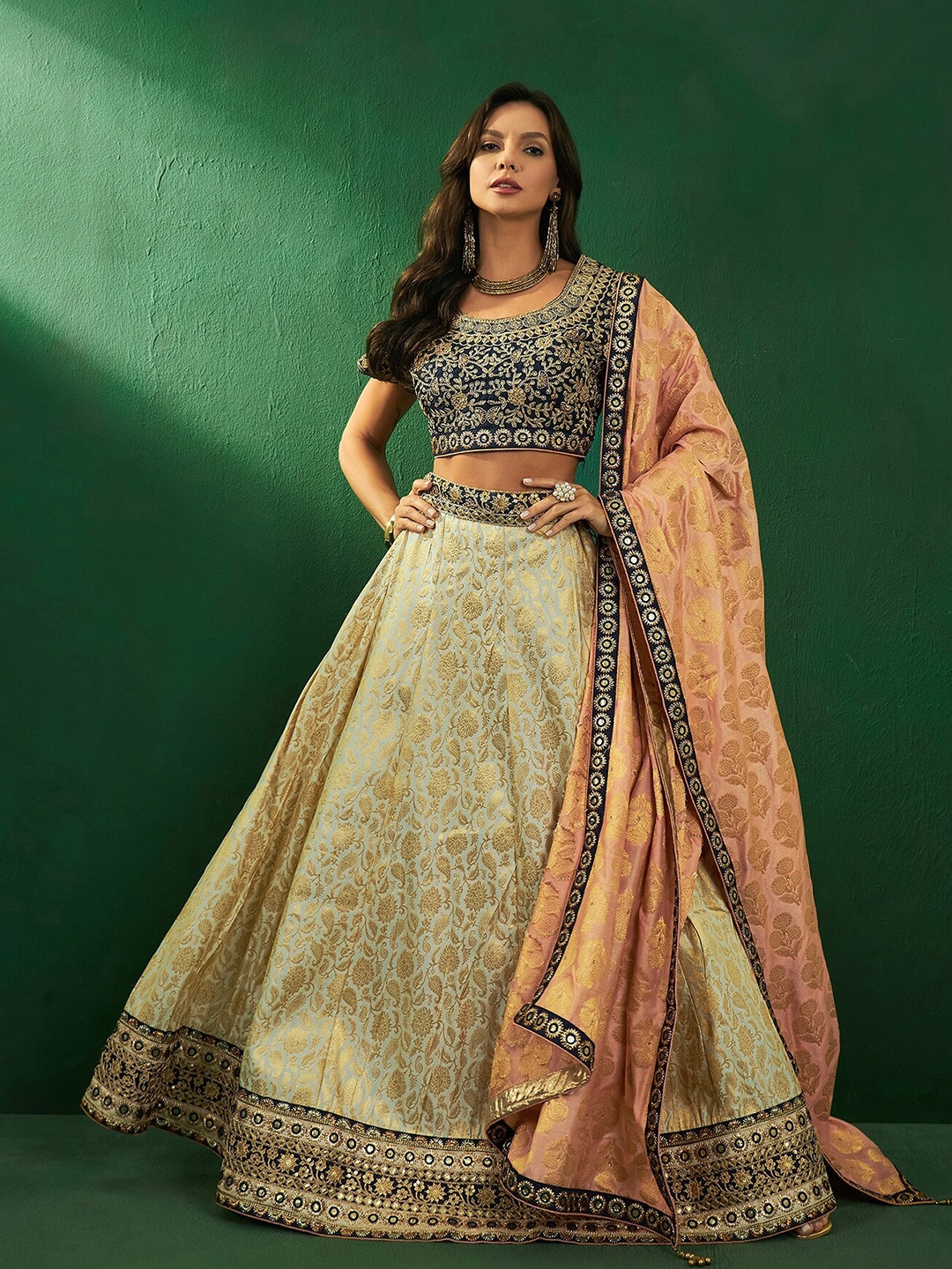 

Sangria Embroidered Jacquard Silk Semi-Stitched Lehenga Choli With Dupatta, Cream