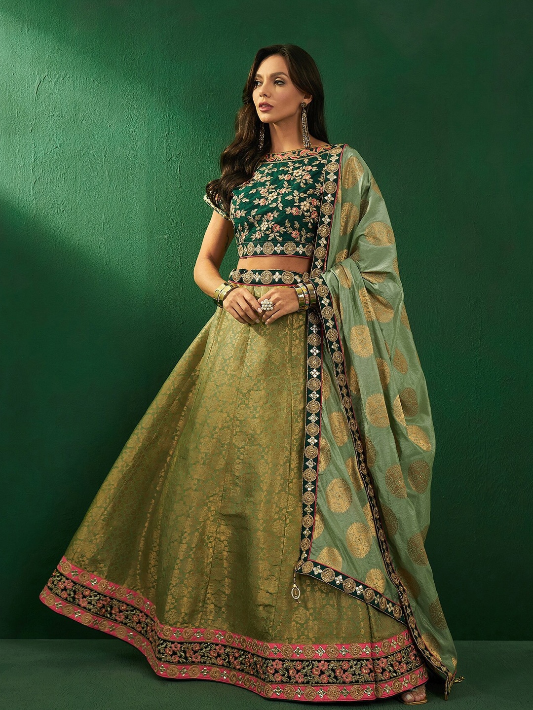 

Sangria Jacquard Silk Embroidered Semi-Stitched Lehenga Choli With Dupatta, Green