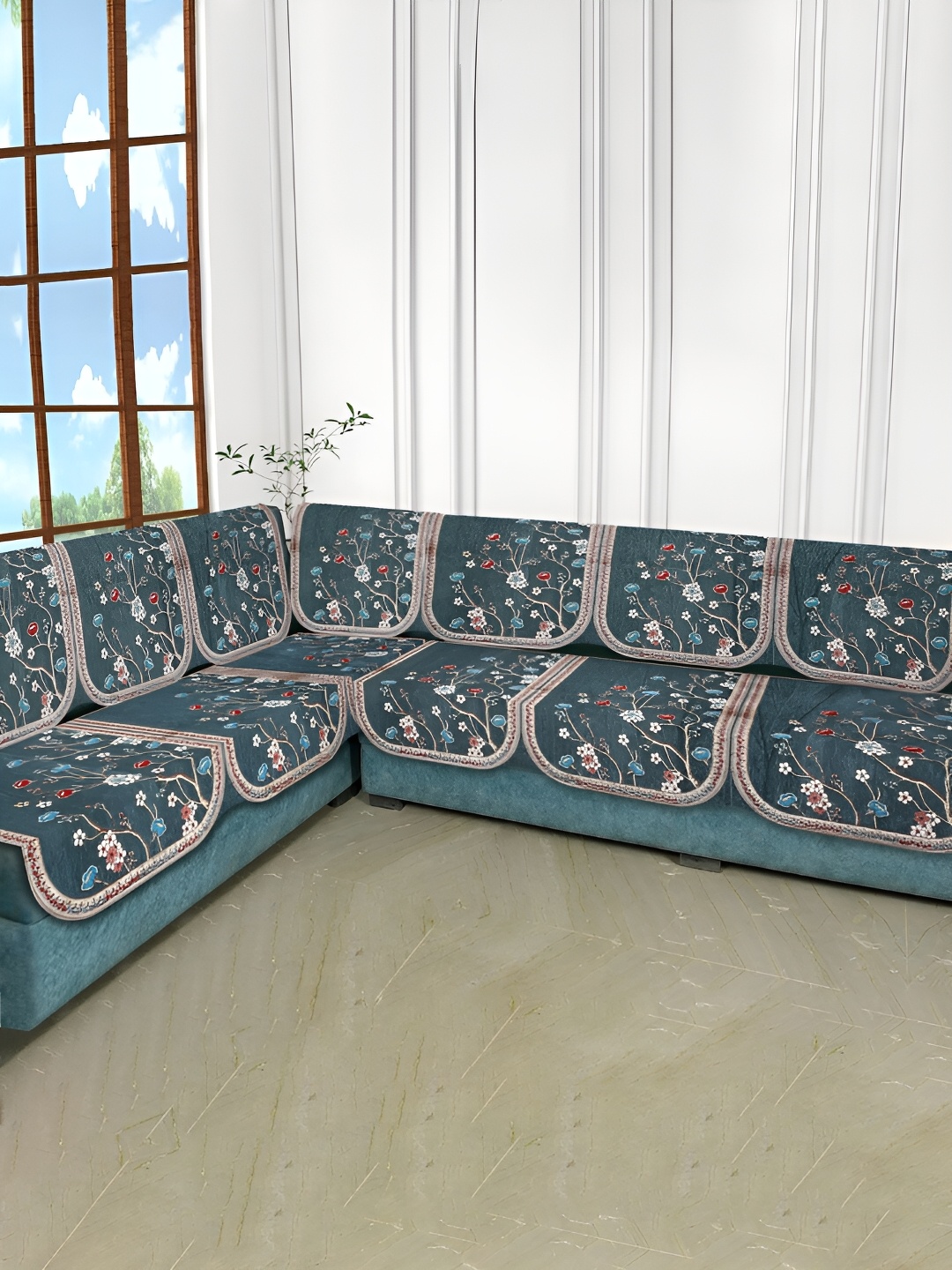 

MULTITEX Sea Green & Red 6 Pieces Floral Velvet 6 Seater L Shape Sofa Covers