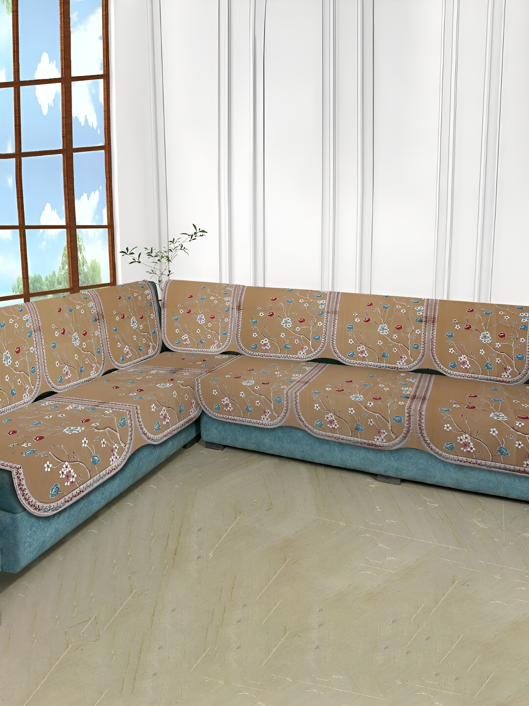 

MULTITEX Gold-Toned & Red 6 Pieces Floral Velvet 6 Seater L Shape Sofa Covers