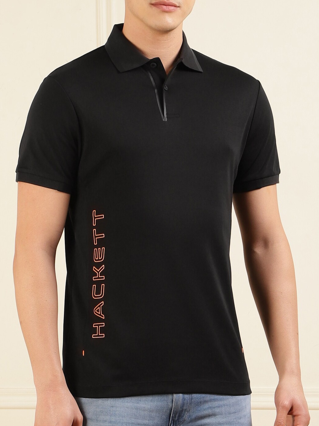 

HACKETT LONDON Typography Printed Polo Collar Cotton T-shirt, Black