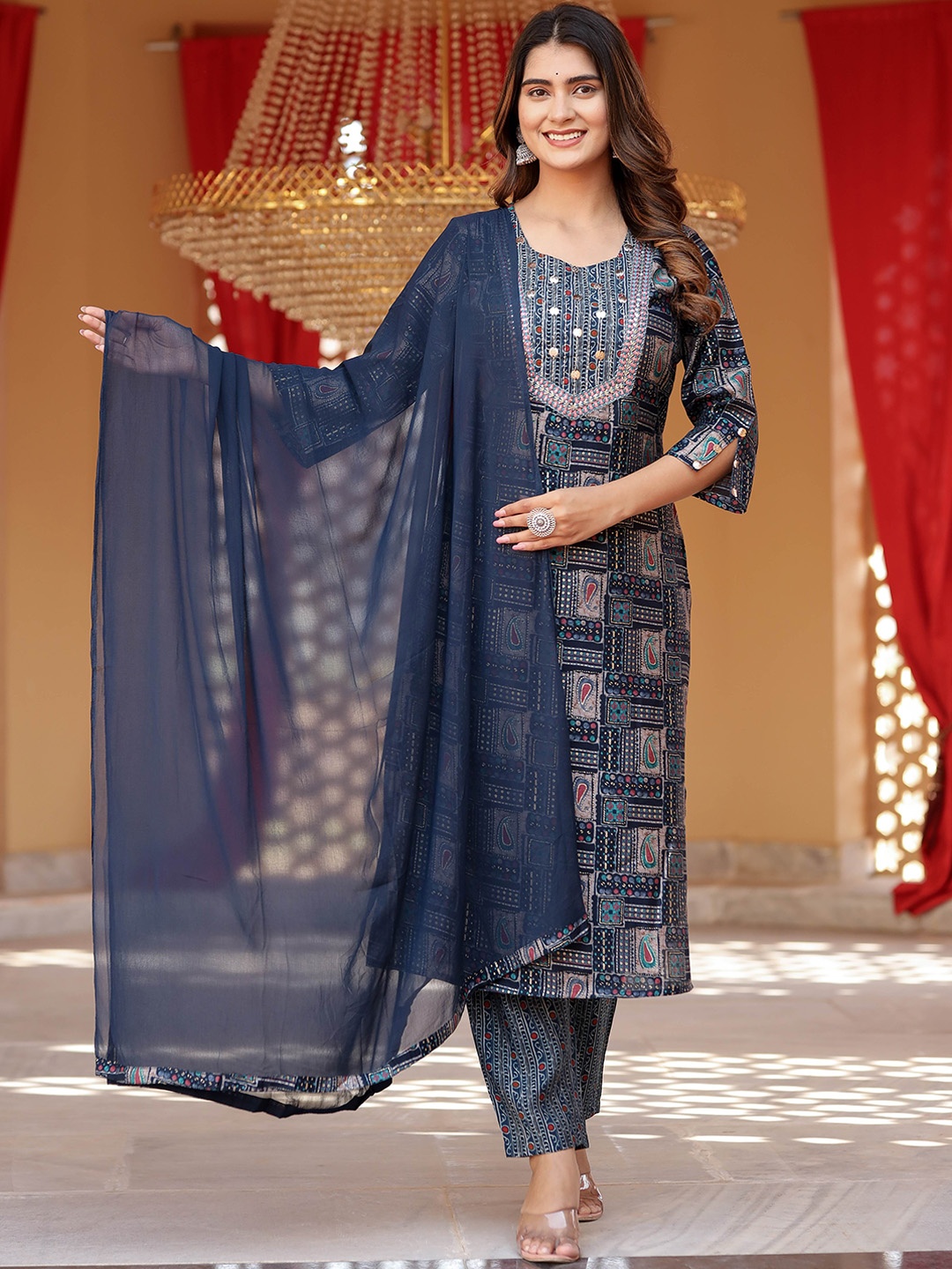 

Chandbaali Ethnic Motifs Printed Sequinned Detail Kurta With Trousers & Dupatta, Navy blue