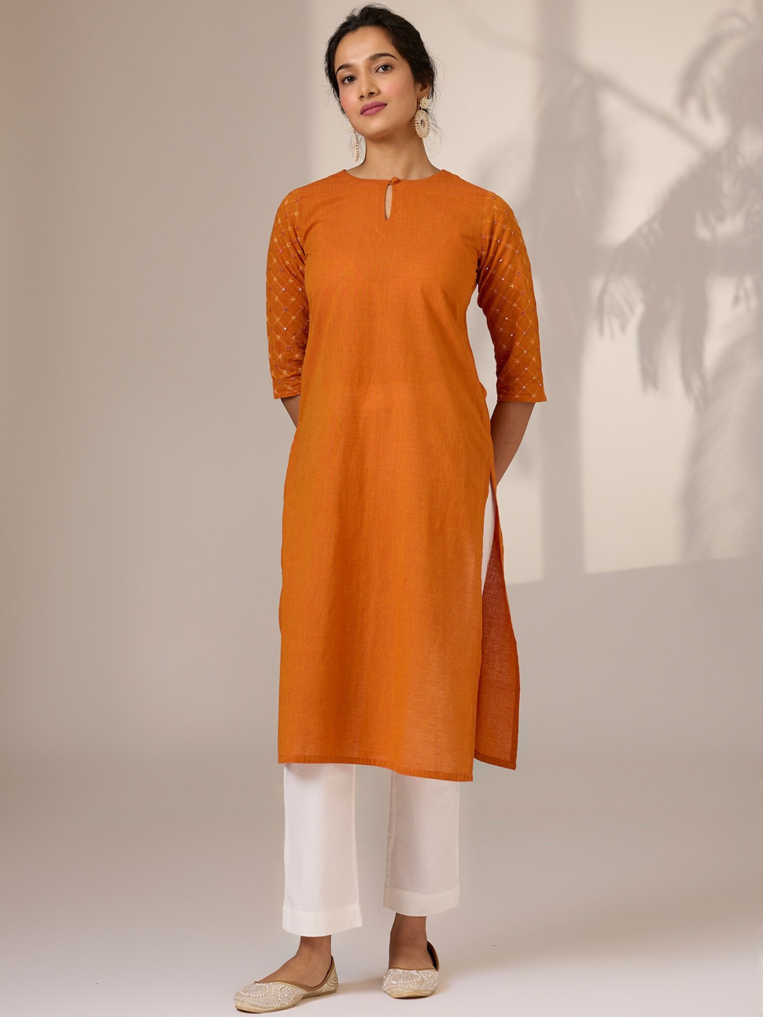 

OKHAI Embroidered Mirror Work Summer Sheers Cotton Kurta, Rust