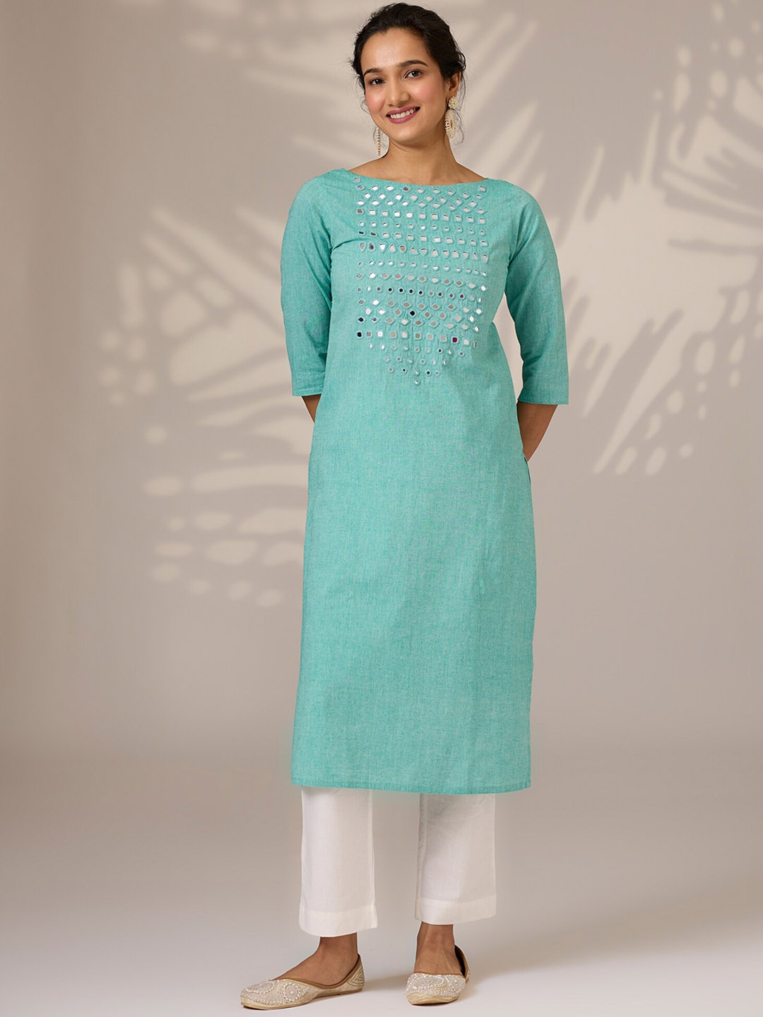 

OKHAI Embroidered Mirror Work Summer Sheers Cotton Kurta, Sea green