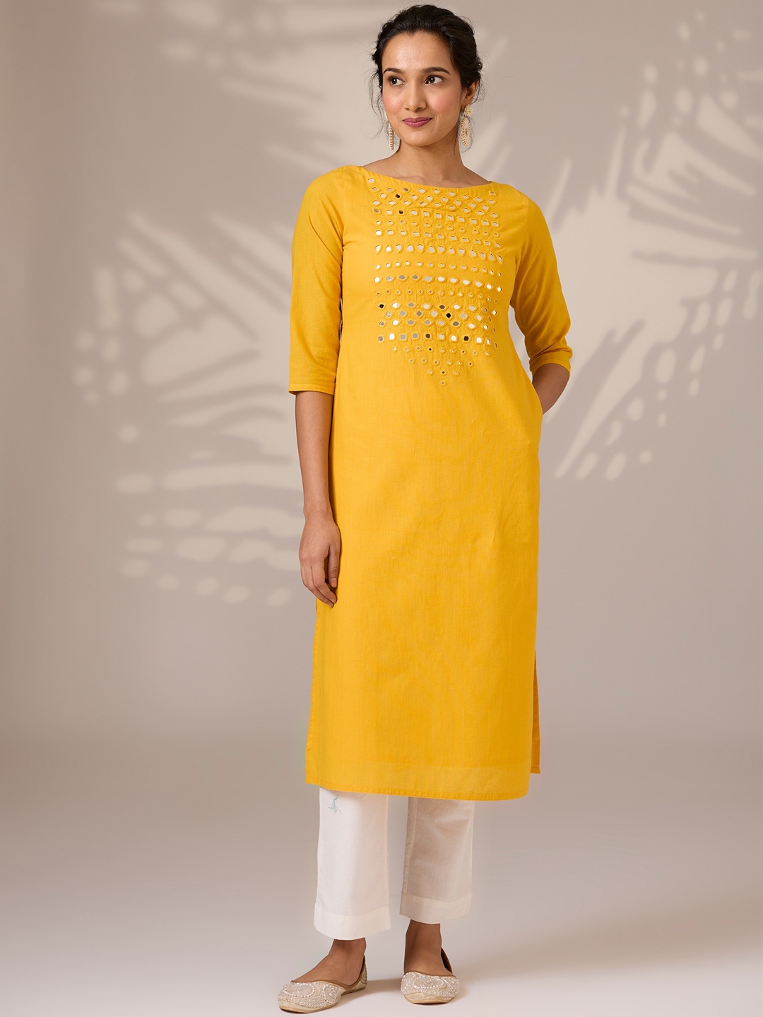 

OKHAI Ethnic Motifs Embroidered Mirror Work Summer Sheers Cotton Kurta, Yellow