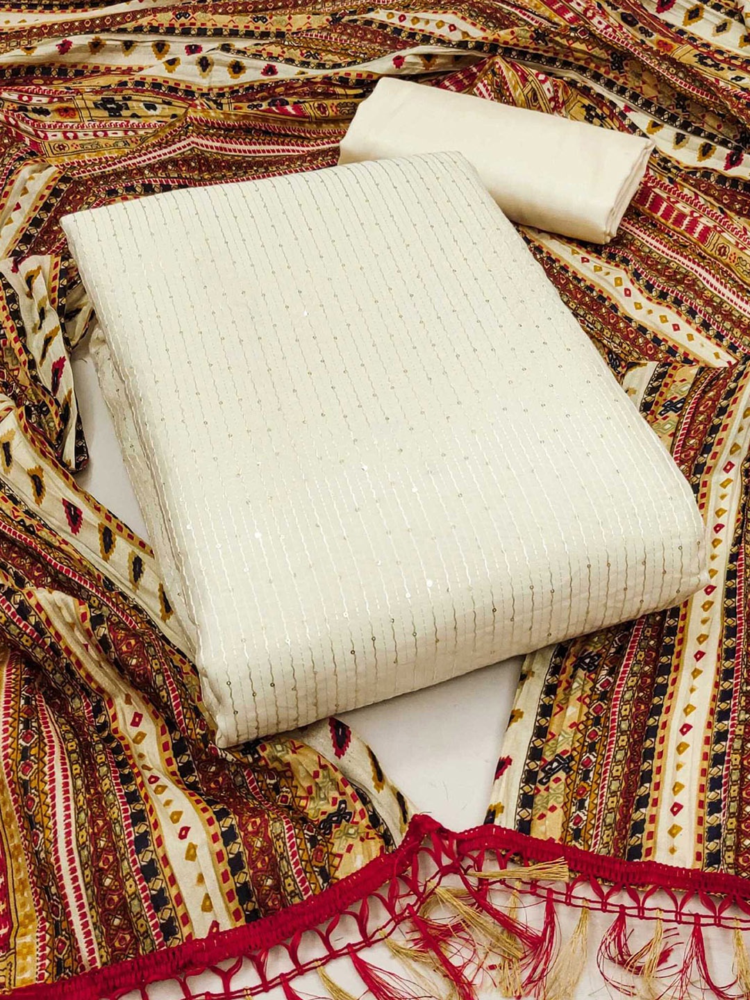 

KALINI Embroidered Unstitched Dress Material, White