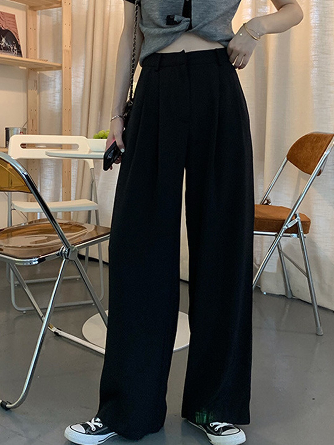 

LULU & SKY Women Flared High-Rise Pleated Parallel Trousers, Black