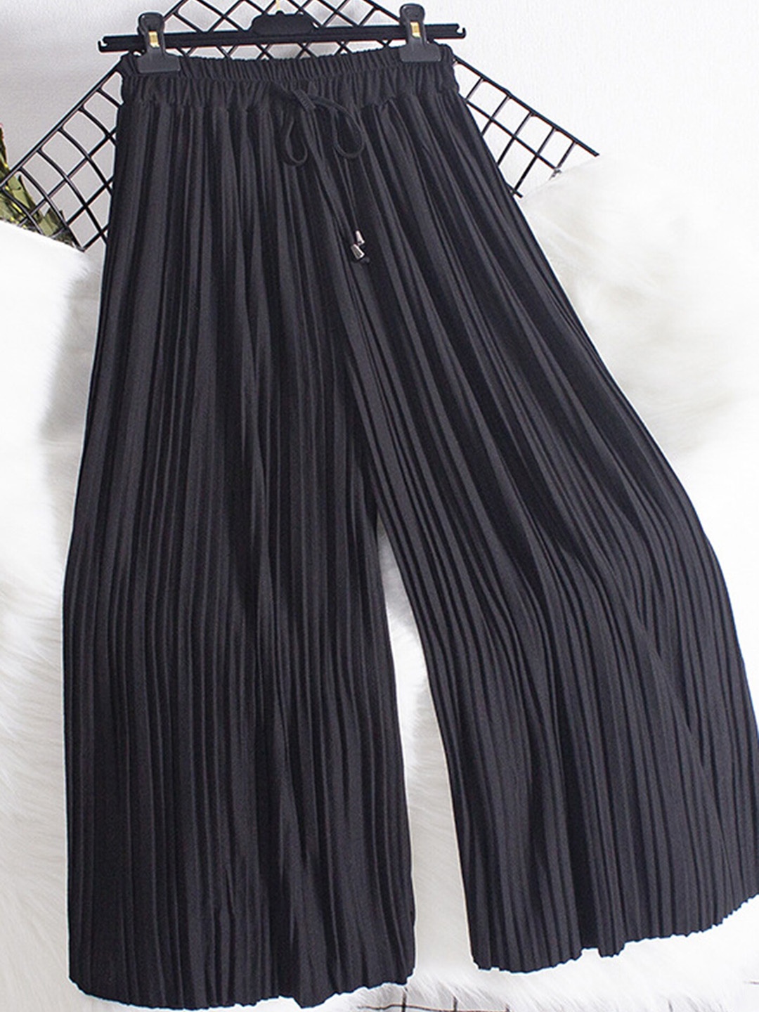 

LULU & SKY Women Flared High-Rise Pleated Parallel Trousers, Black