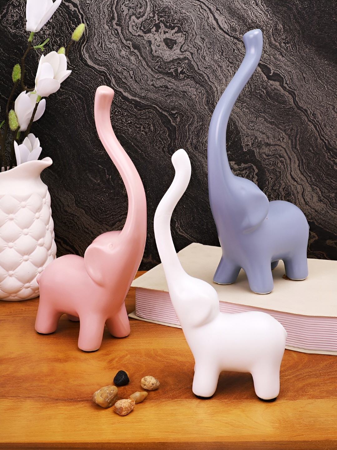 

TAYHAA White & Blue 3 Pieces Elephant Ceramic Showpieces