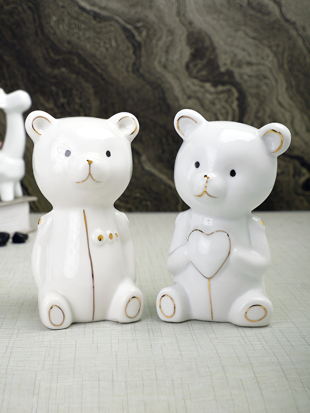 

TAYHAA White & Gold Toned 2 Pieces Teddy Bears Ceramic Showpieces