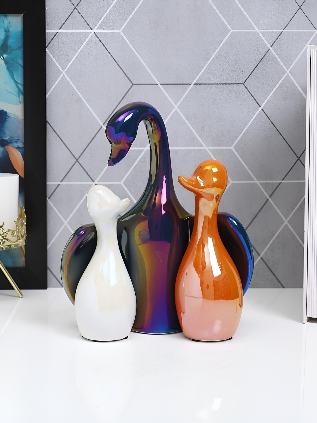 

TAYHAA White & Orange 3 Pieces Shiny Duck Ceramic Showpieces