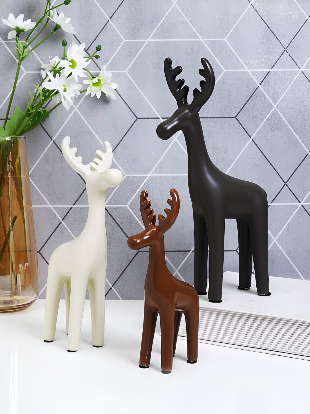 

TAYHAA Cream-Coloured & Brown 3 Pieces Reindeer Ceramic Showpieces