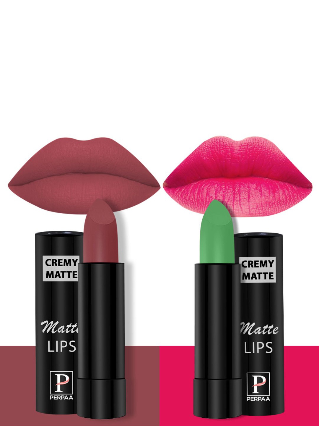 

PERPAA Set of 2 Cremy Matte Long Lasting Lipsticks 3.5g Each - Natural Pink + Brick Red, Maroon