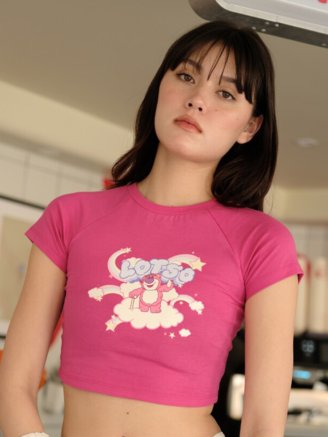 

Bonkers Corner Pink Graphic Printed Round Neck Cotton Crop Top
