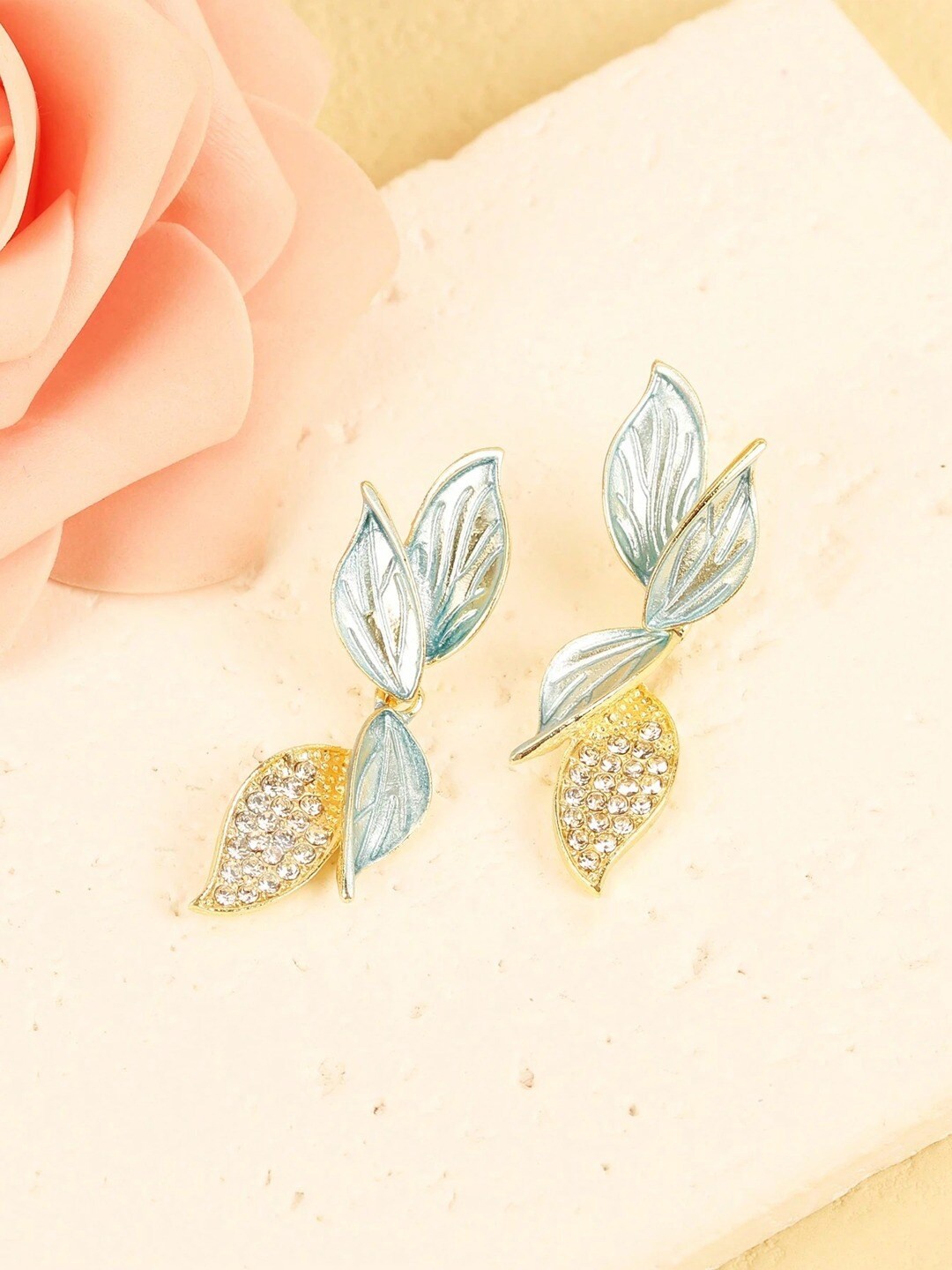 

VAGHBHATT Gold-Plated Artificial Stones-Studded Leaf Shaped Drop Earrings