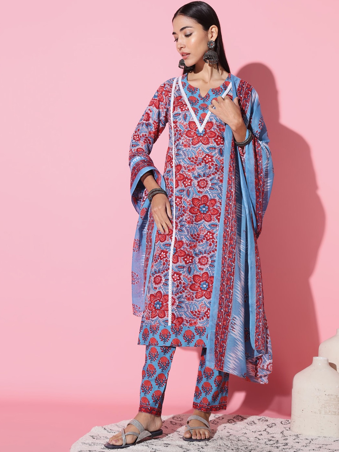 

THE52 Floral Printed Regular Kurta with Trousers & With Dupatta, Blue