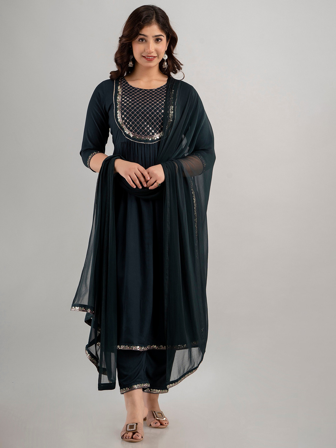 

KALINI Ethnic Motifs Embroidered Sequinned Straight Kurta & Trousers With Dupatta, Navy blue