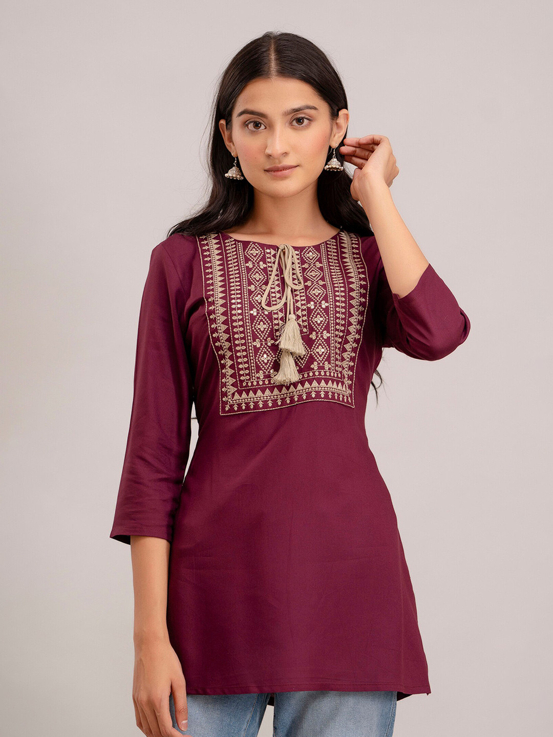 

KALINI Embroidered Tie-Up Neck Straight Top, Maroon
