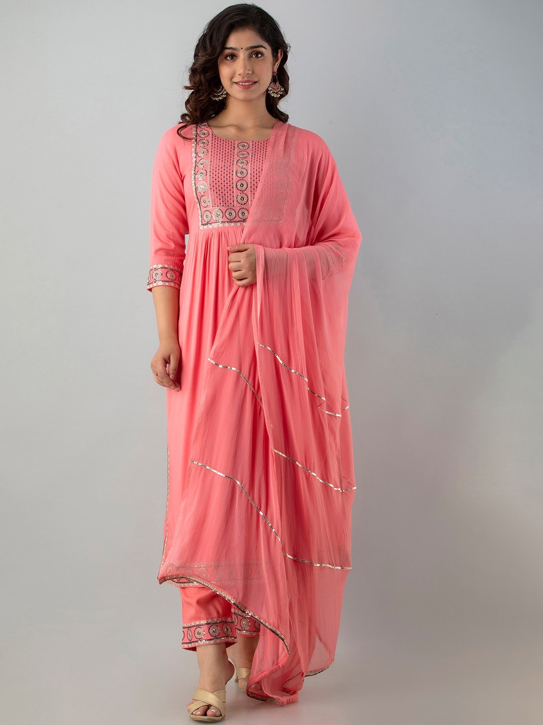 

KALINI Ethnic Motifs Embroidered Straight Kurta & Trousers With Dupatta, Pink
