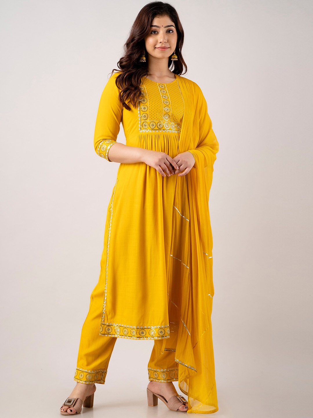 

KALINI Ethnic Motif Yoke Design Straight Kurta & Trousers With Dupatta, Yellow