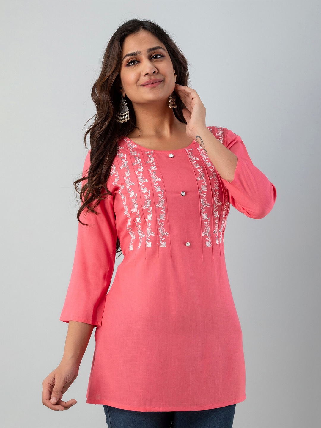 

KALINI Floral Embroidered Round Neck Kurti, Peach